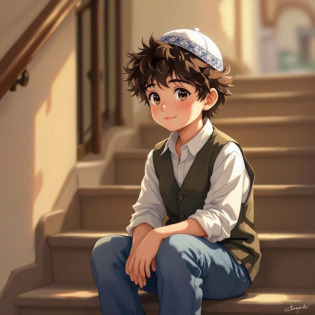 Serene Boy Waits for Father on Staircase in Anime-Inspired A...