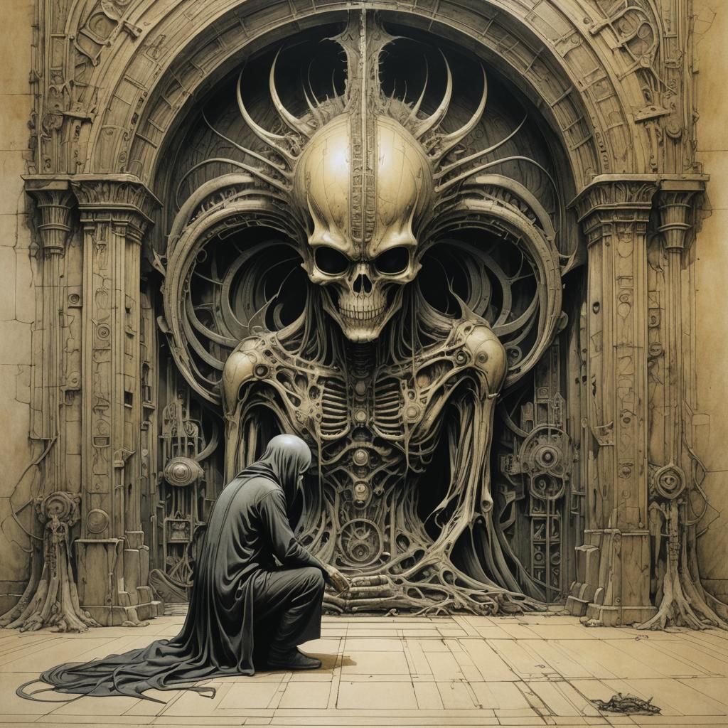 Disciple of a hated god kneeling before an altar. H.R. Giger...