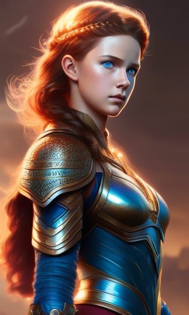 Warrior girl with wavy brown hair 34