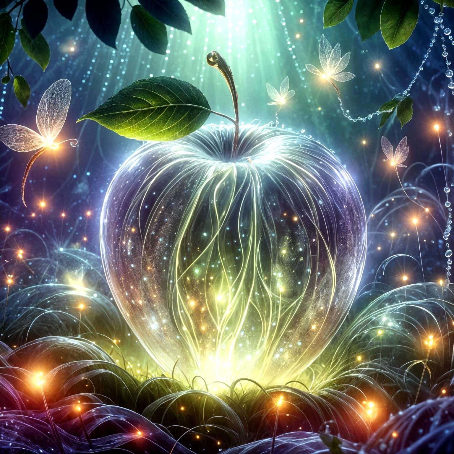Pomme translucide mystic dans un paysage féerique ornée de luciole lumineuse et de morning drew  by @RoseVincent
