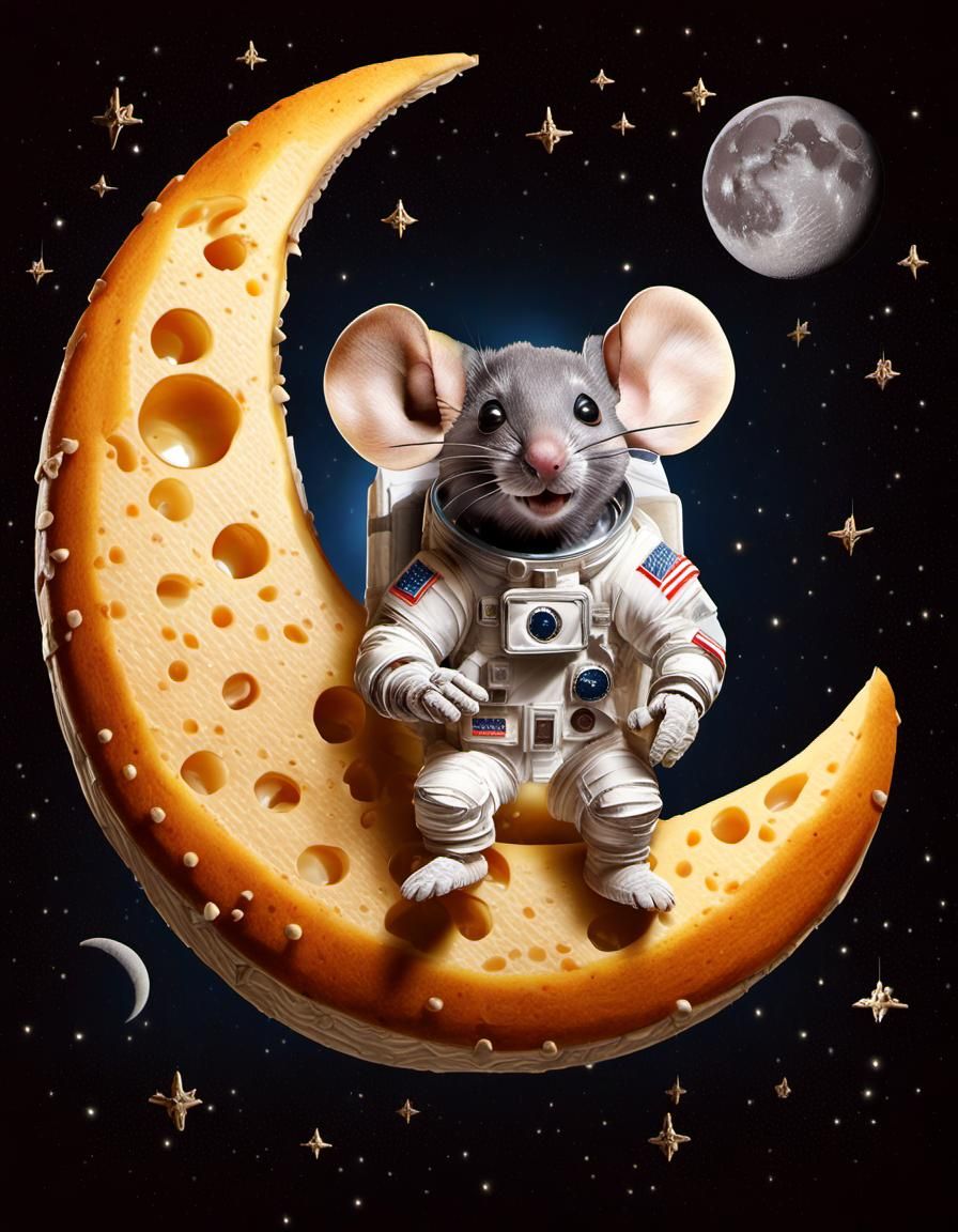 Anthropomorphic animal mouse astronaut on Swiss cheese crescent moon, photorealistic digital illustration ...  by @David Myers