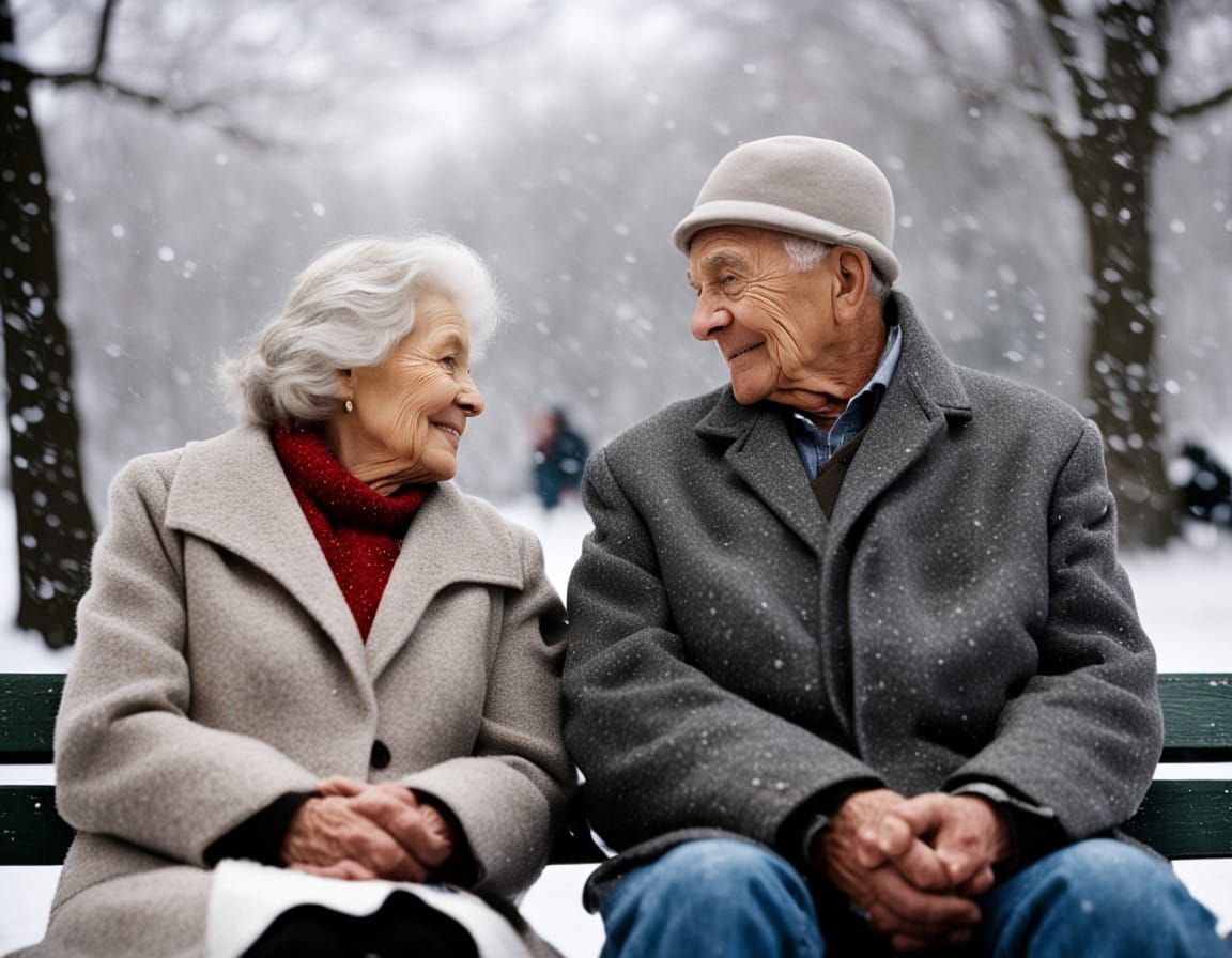 Medium shot. Photograph. Elderly couple sitting close together on a park bench in winter as snowflakes ...  by @Gramma_to_2