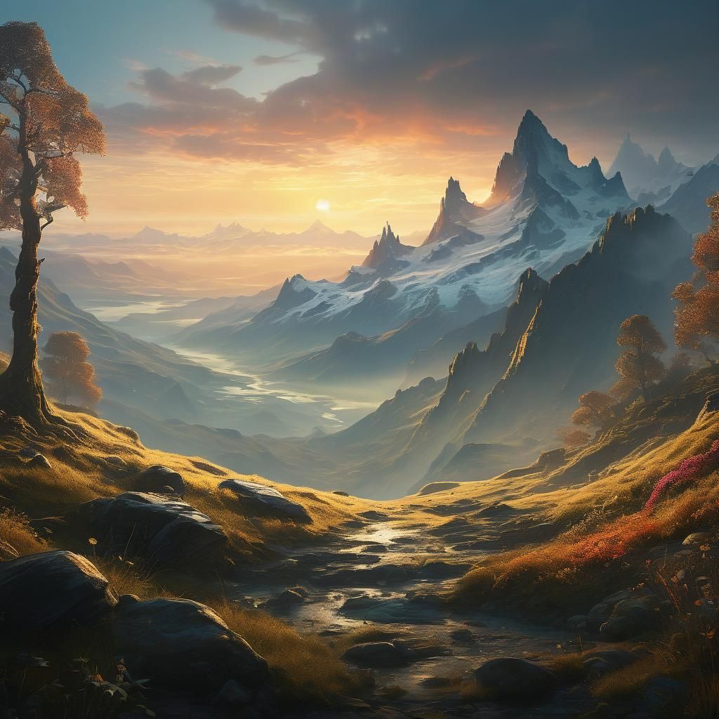Misty Mountain Landscape with Figures, Digital Matte Paintin...