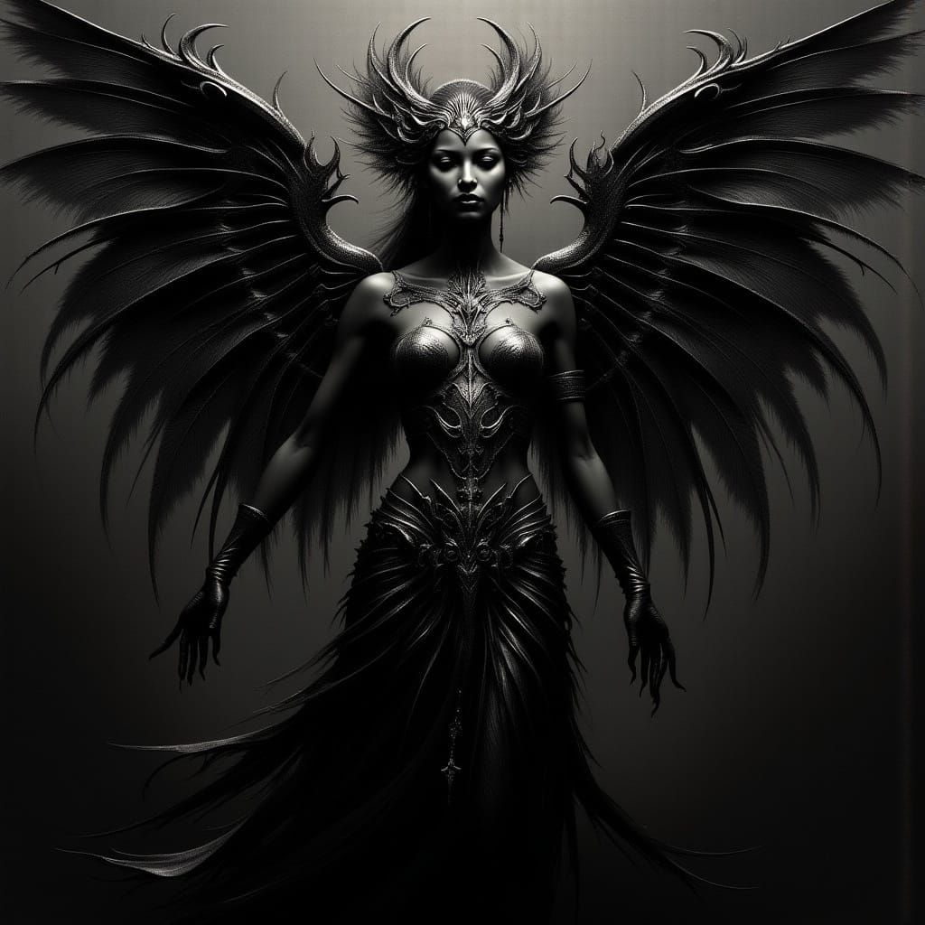  <lora:Pino Flux:1.0>"Beautiful Black Angel" only shades of Black with highlights