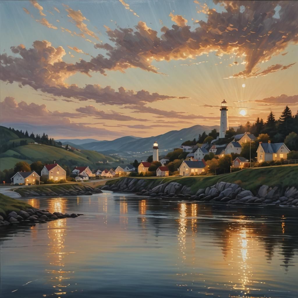 A river runs between 2 hills, on one hill there is a lightho...