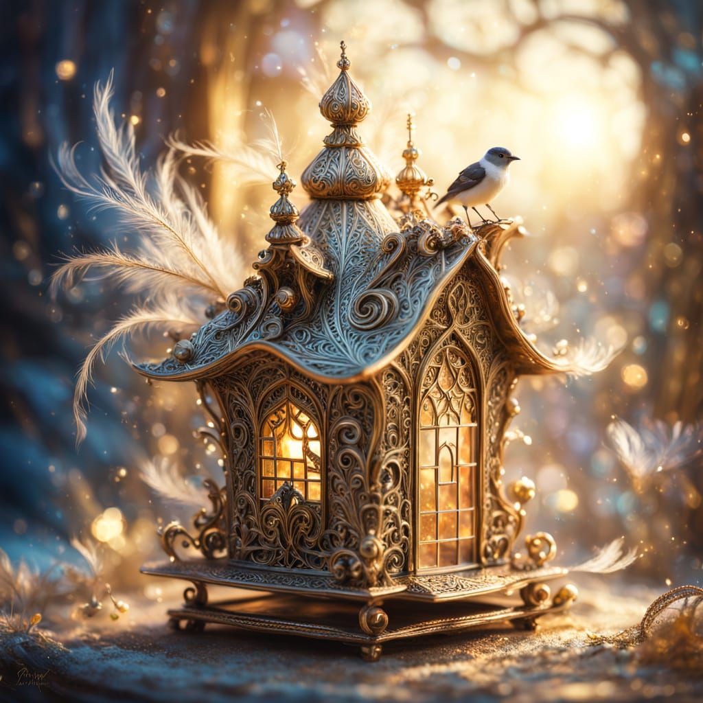 Baroque portrait. Close-up. A goldie Bird House of bird with shimer filigree and pearls on top building ...  by @JH Putra