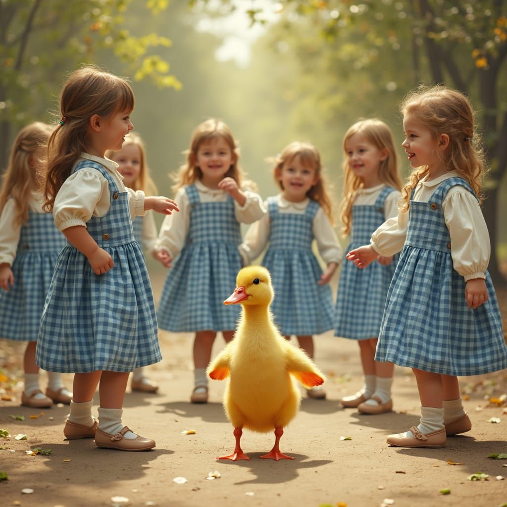 A group of young sisters with their dancing Duckling
