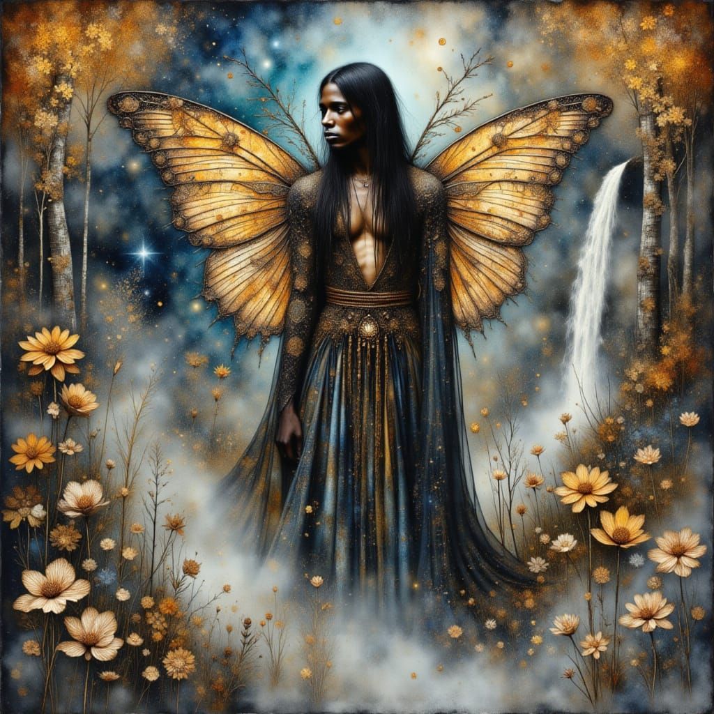 <lora:Crinkled Metallics:1.0> <lora:Shadow whimsy:1.0> <lora:Abyss:1.0> <lora:Enchanting Intensity:1.0> Watercolor drawing of an African man...