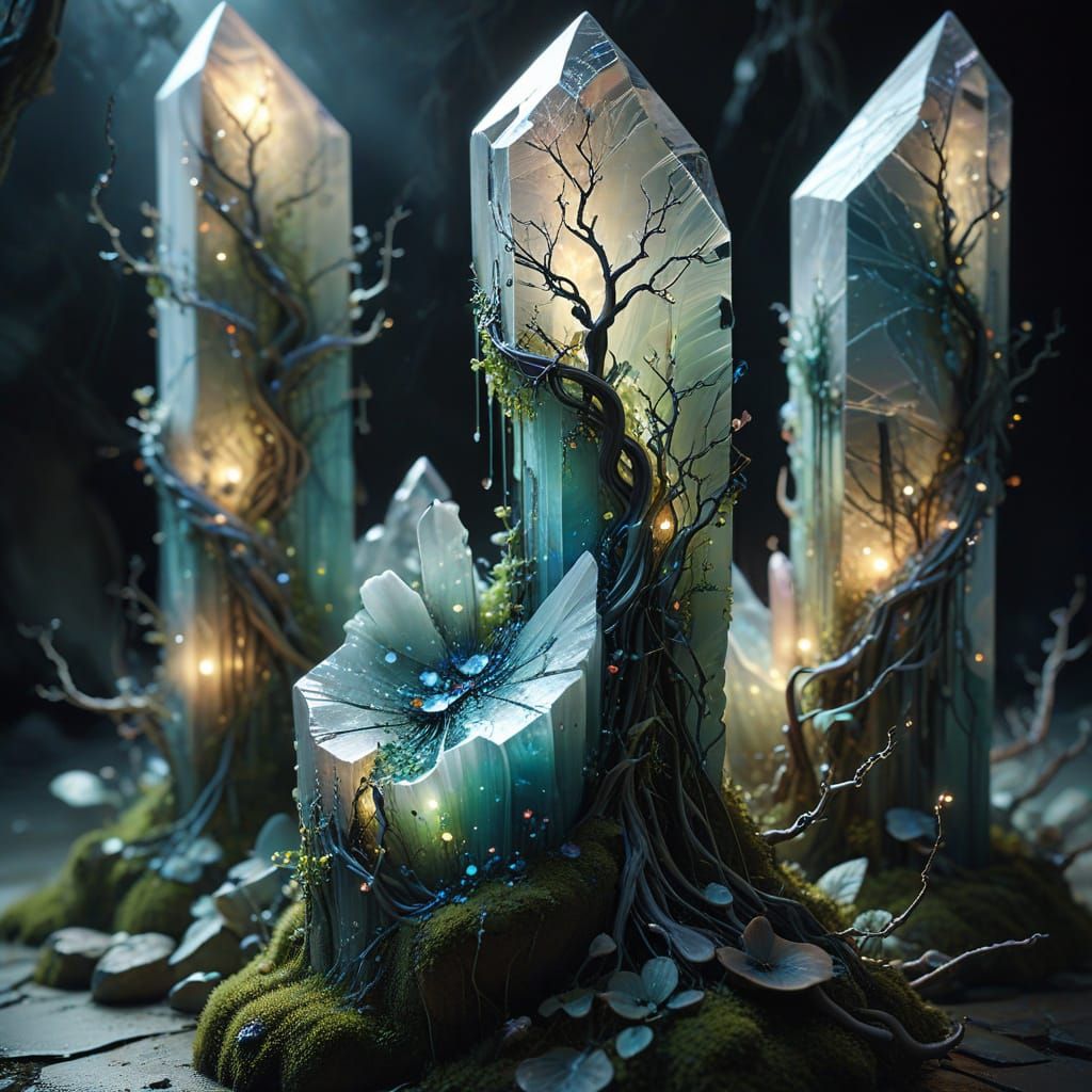 A hyper-detailed surreal scene of glowing monoliths with a softly fractured porcelain surface, where ...  by @CraftyNan