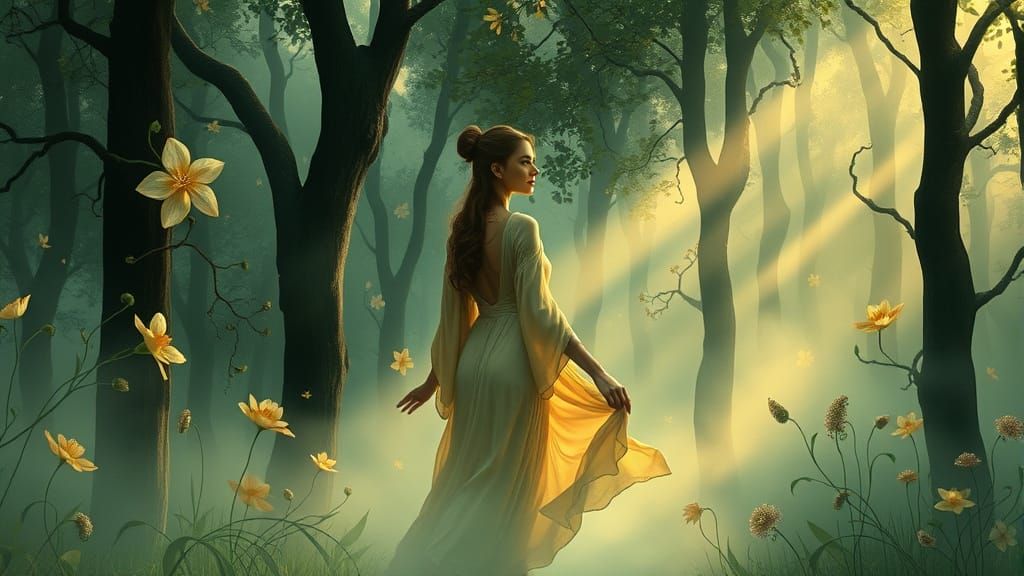 an art nouveau enchanted forest. the fog  illuminated by soft, ethereal light, 