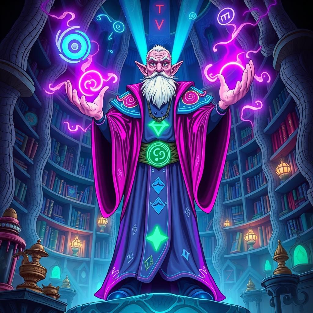 Neon Battlemage in a Dreamlike Tower: Disney Animation Style