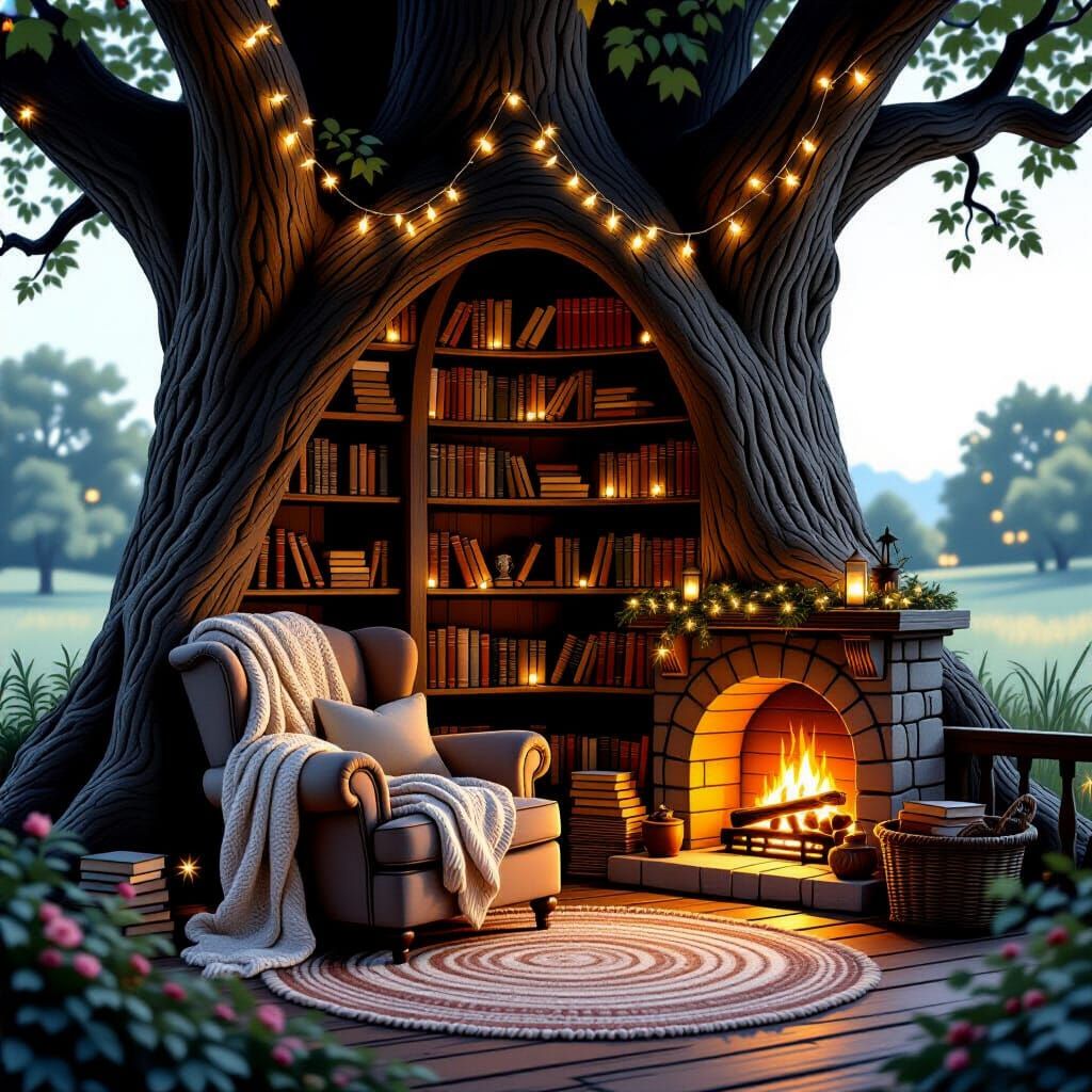 Enchanting Reading Nook in Ancient Oak Tree