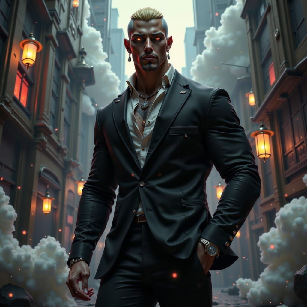 A muscular, blonde-haired man with a buzz cut, tattoos, and chiseled features, wearing a tailored black suit, tight pants, and extravagant d...