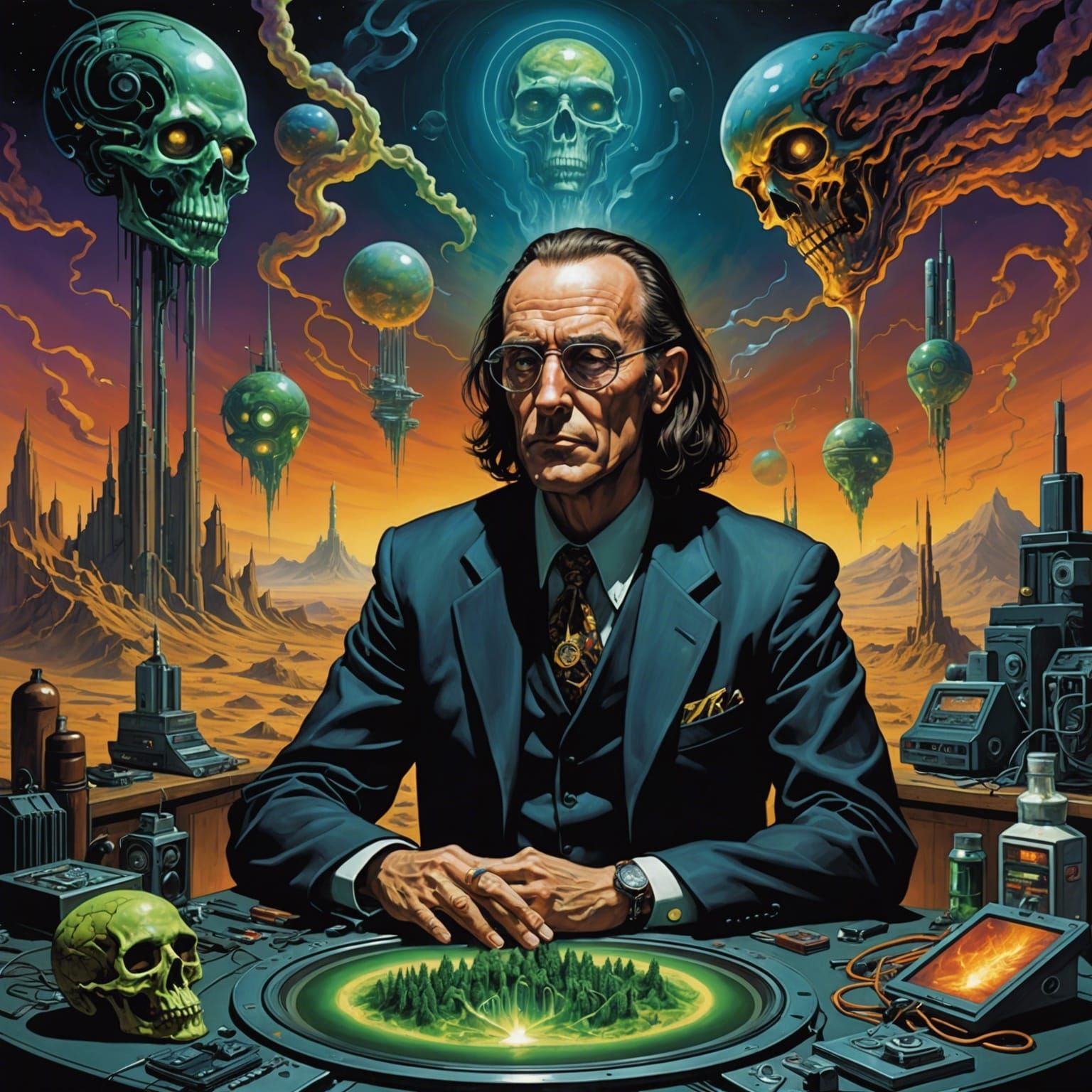 Cyberpunk Dark Prophet in Surreal Cartoon Style