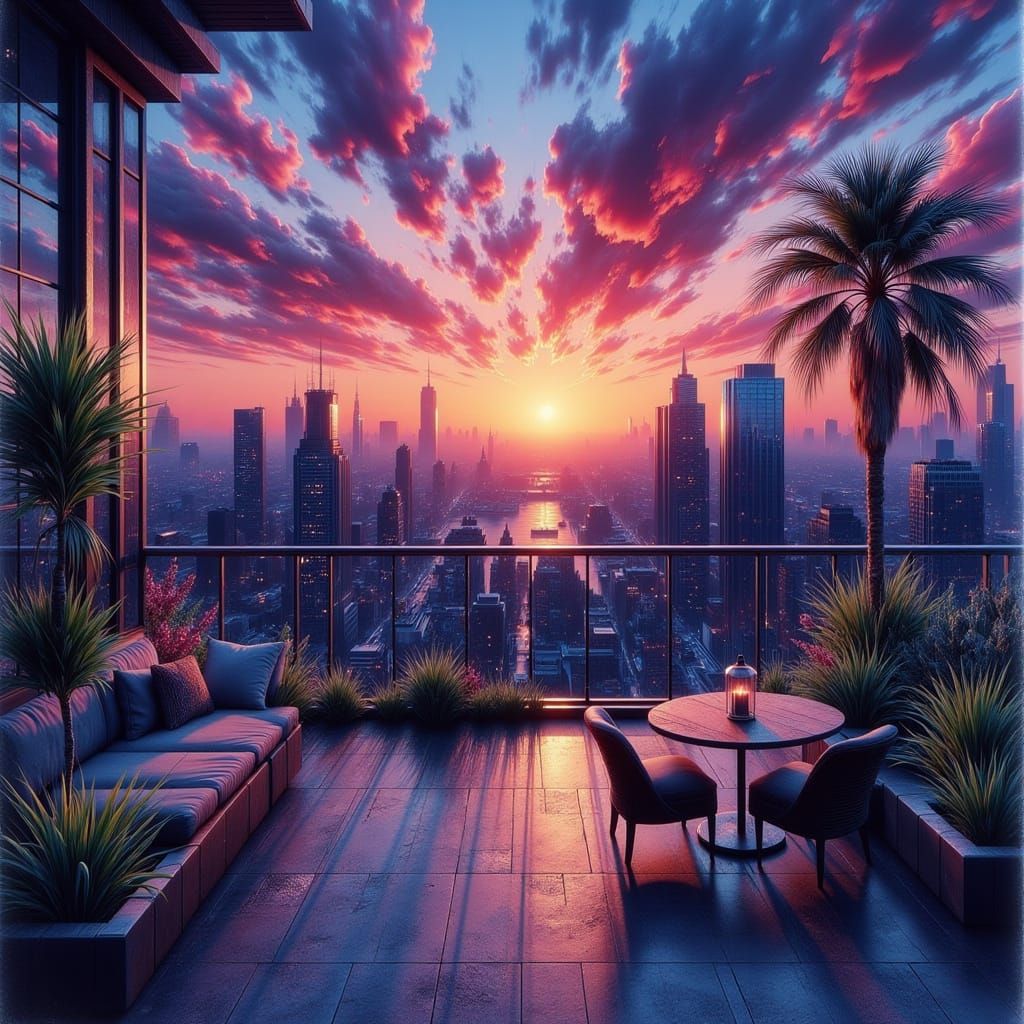 Watercolor Urban Sunset with Tropical Terrace