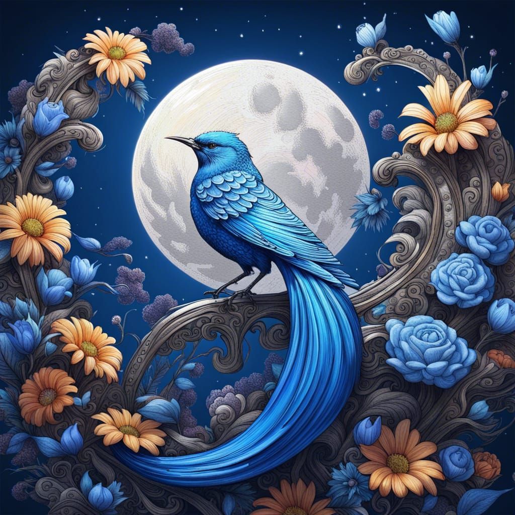 Amazing epic blue bird with long flowing tail on crescent of flowers, fun moon background,  insanely ...  by @KrystofM75