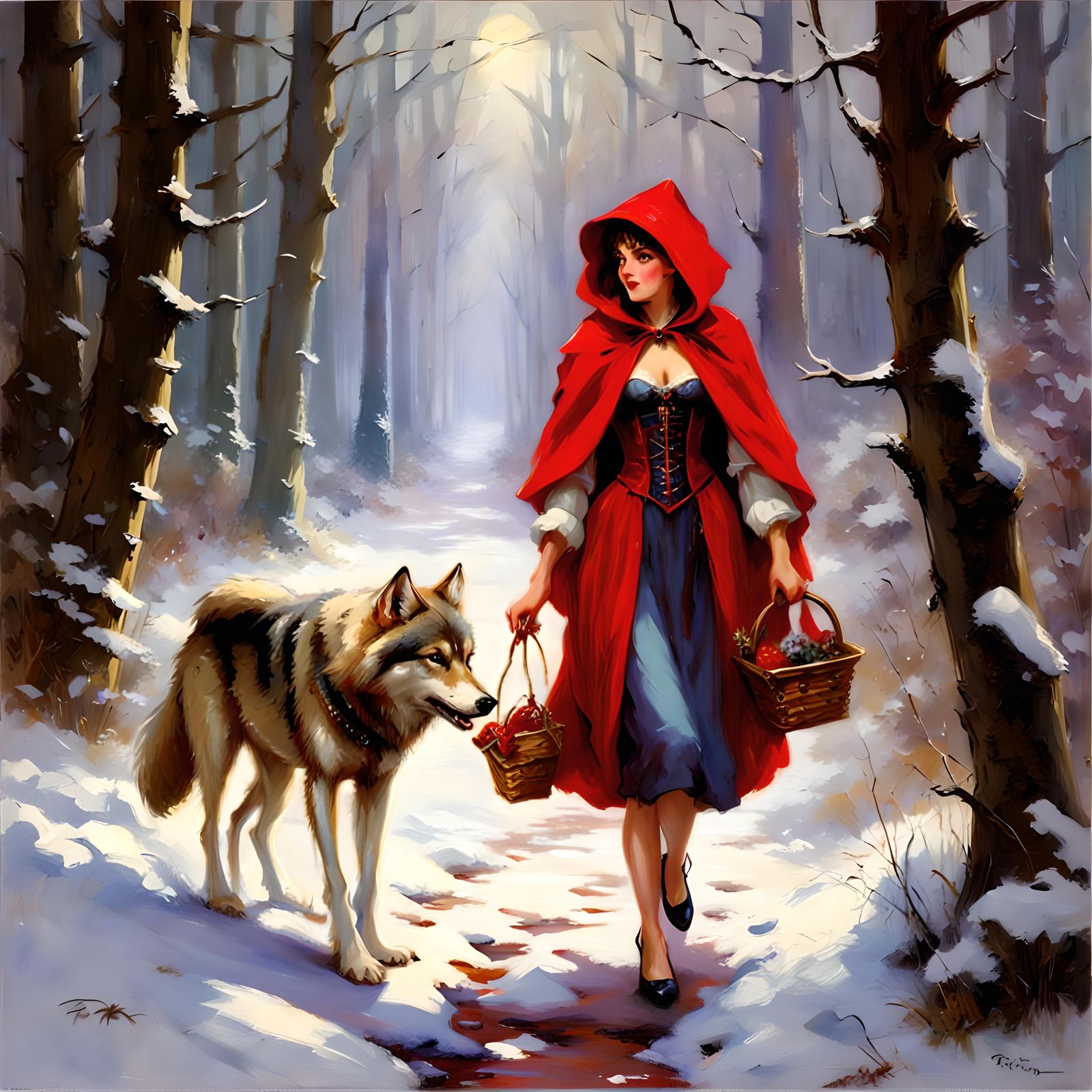 Little red riding hood and her wolf, snowy forest path, art ...