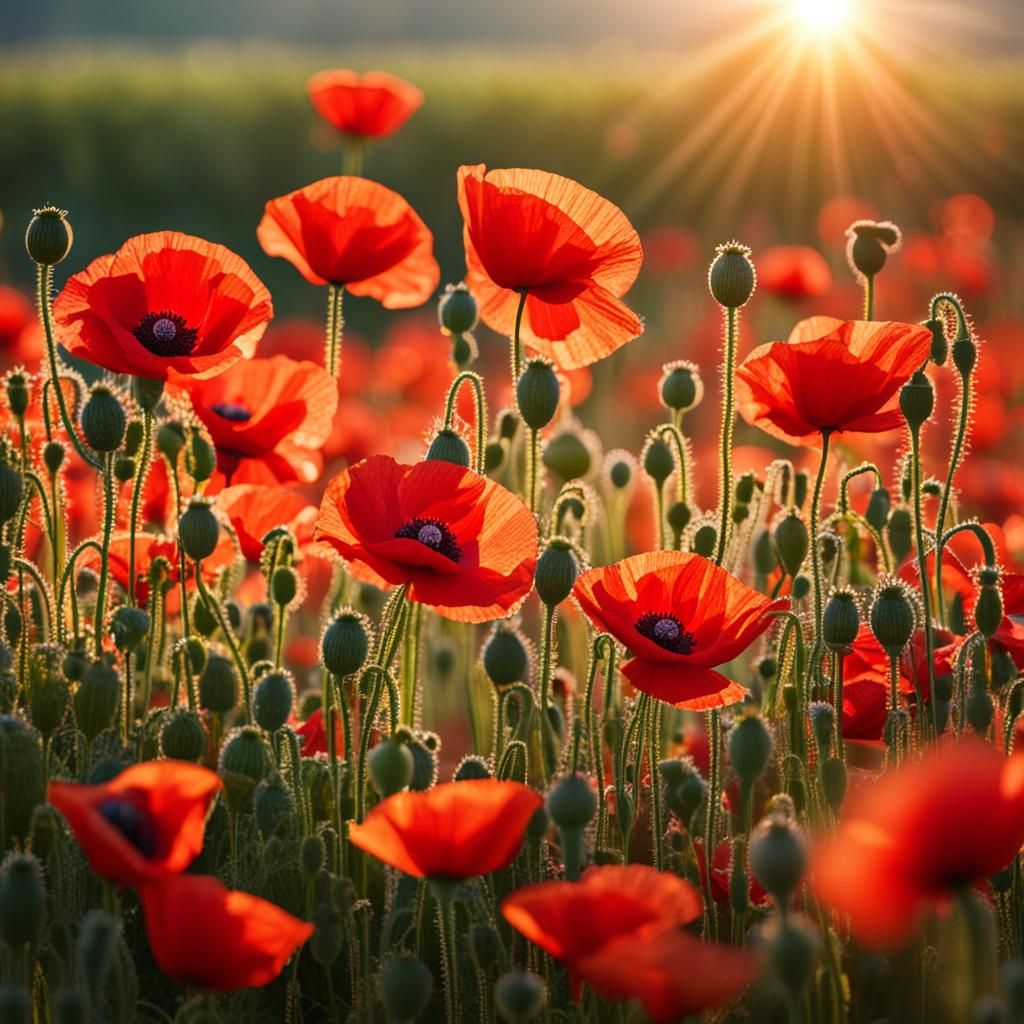 beautiful field of bright red poppy flowers in morning dew, sun shining above horizon   by @undefined