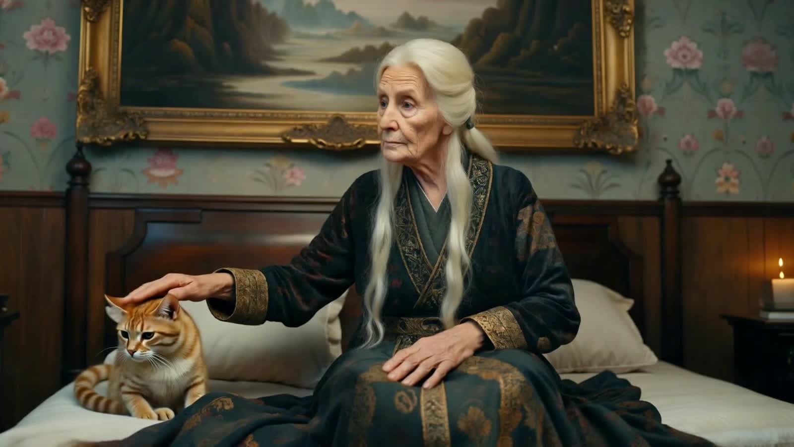 an elderly woman with 3 arms sitting on the bed with a cat by her side