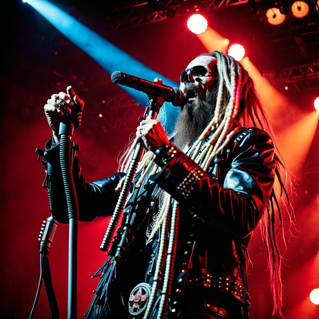 Rock star Rob Zombie Playing on stage with a huge bone and skull ...