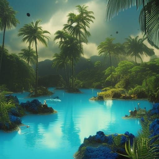 blue lagoon, deep water, sunspots, palms, blue, green
