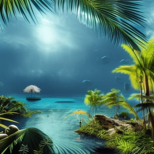 blue lagoon, deep water, sunspots, palms, blue, green