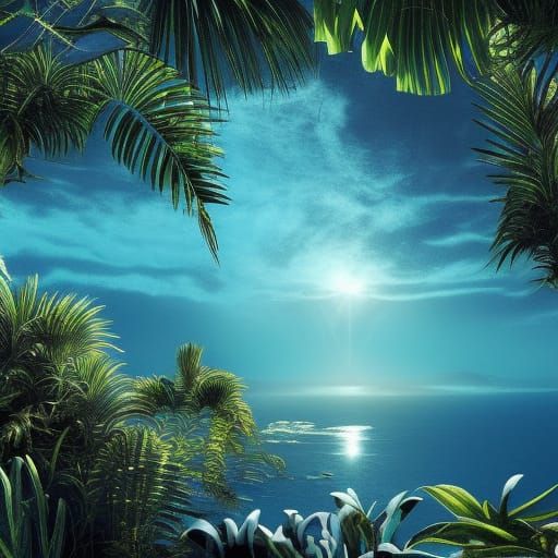 blue lagoon, deep water, sunspots, palms, blue, green
