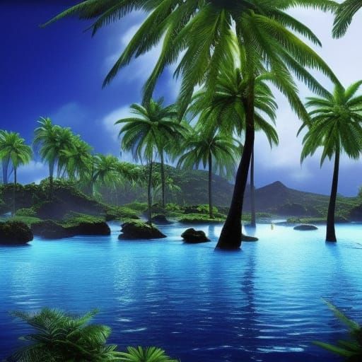 blue lagoon, deep water, sunspots, palms, blue, green