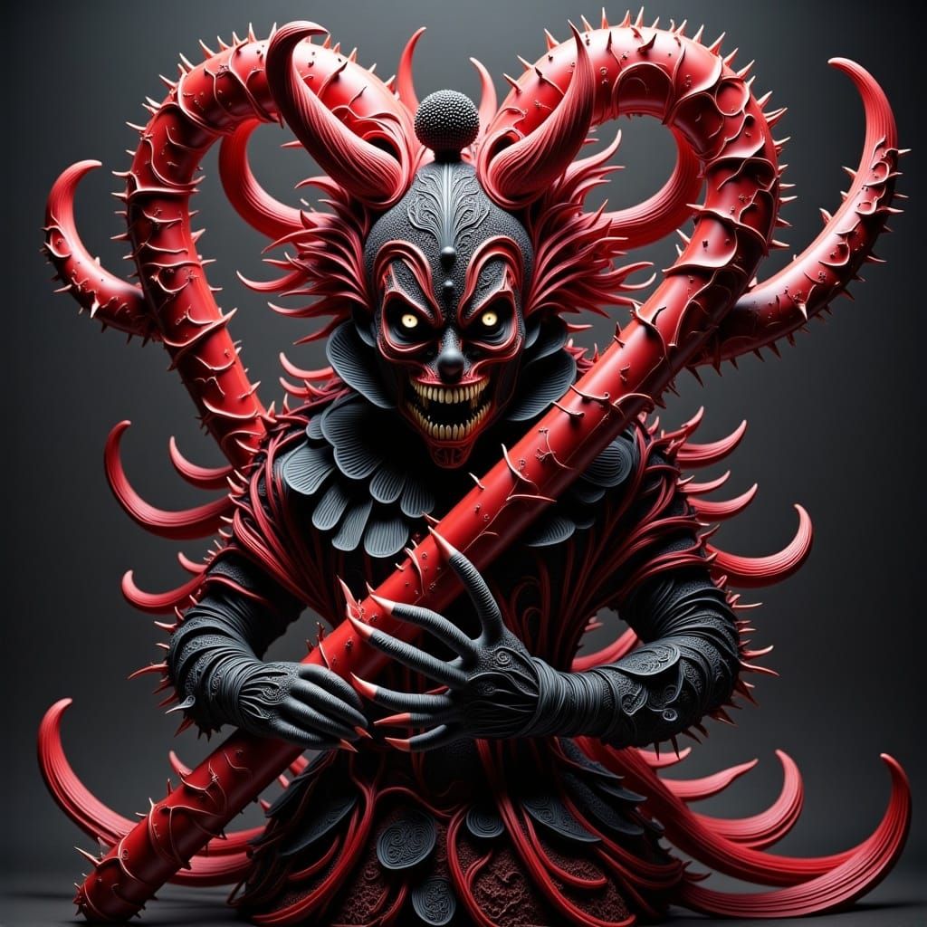 <lora:Organic Macabre Flux:1.0> A terrifying clown boss enemy holding a giant, spiked candy cane as a weapon.
