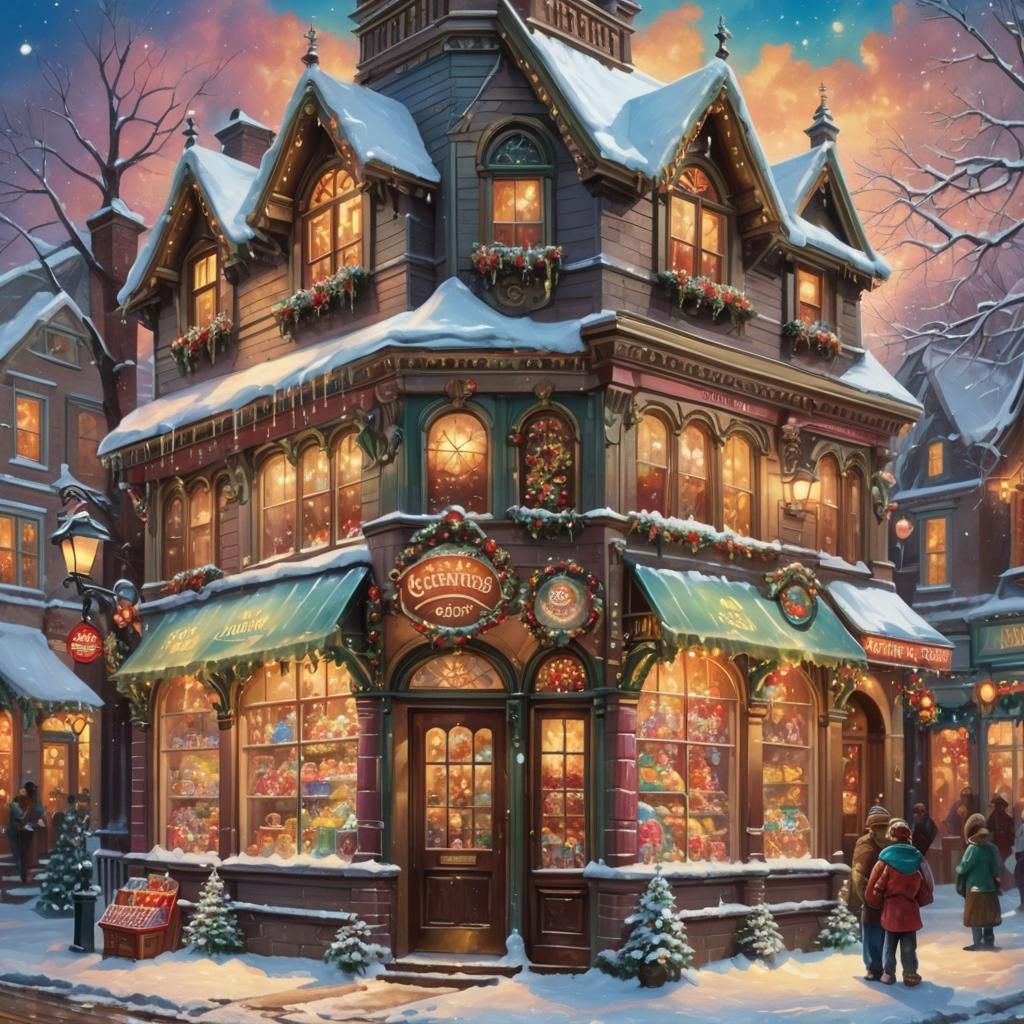 Main plan of facade of a Victorian candy shop, Christmas night, illuminated, winter, Light and dark style Thomas Kinkade, rays of light, ult...
