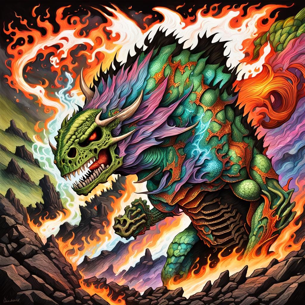 (Gigantic dusty flaming colorful skeletal savage dragon beas...