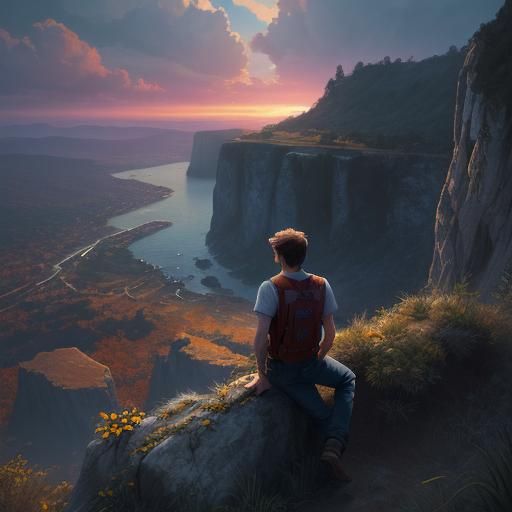 Boy on Cliff at Sunrise: Hyperrealistic Splash Art