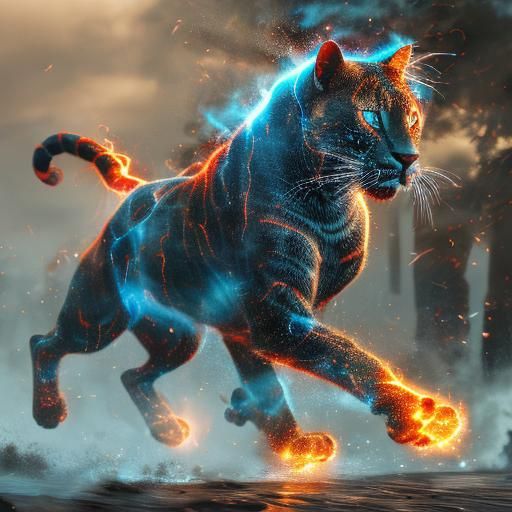 <lora:Godlike-Energy DSv8:1.0>Wild panther leaping through the air, electricity burst, colourful glowing