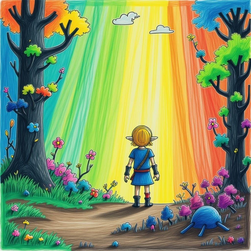<lora:ChildhoodCrayon Flux:1.0> Link from the legend of Zelda, soft god rays
