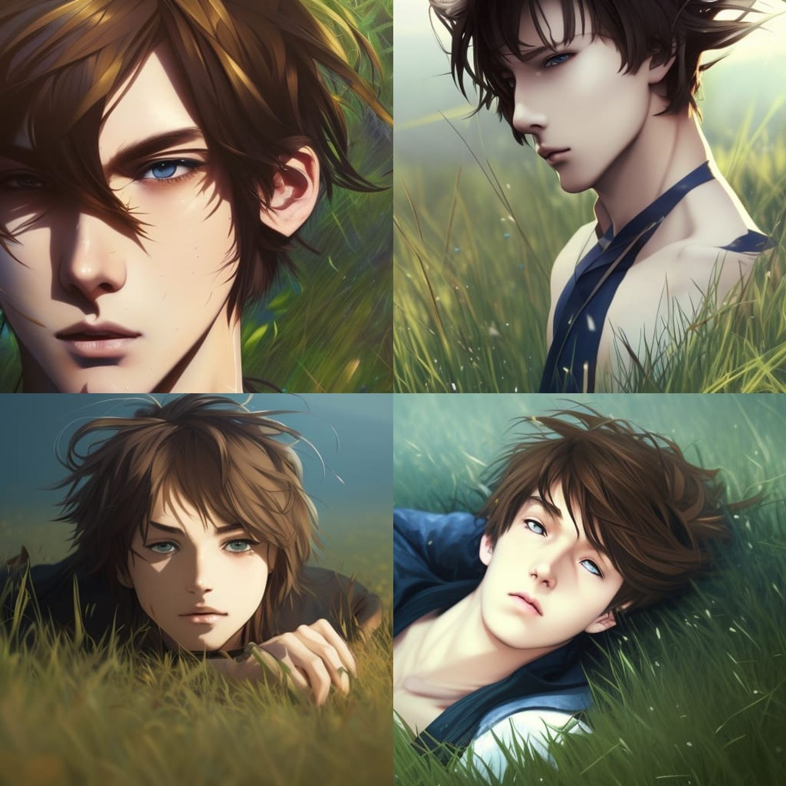anime boy brown hair blue eyes laying down on grass AI Generated
