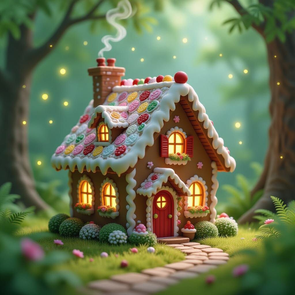 Whimsical Gingerbread House in Magical Forest Clearing