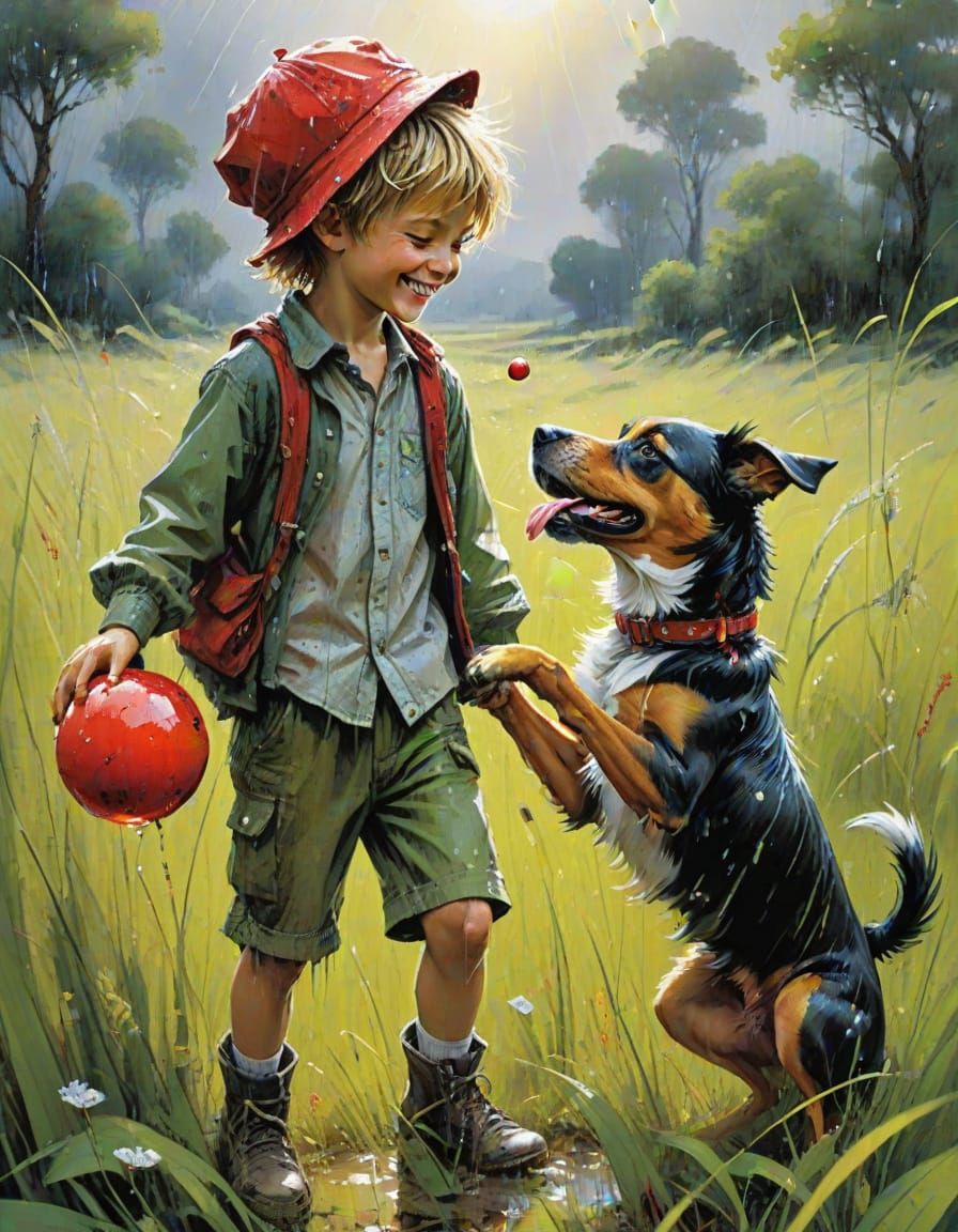 @toomanynates in a field of grass a playful dog looks at a smiling boy with a small red ball,  in the bright summer rain, hair and clothes d...