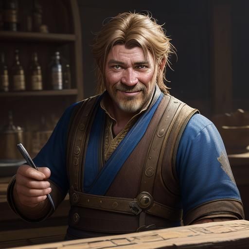 Middle-Aged Male Human Tavern Keeper, dark blonde, fantasy s...