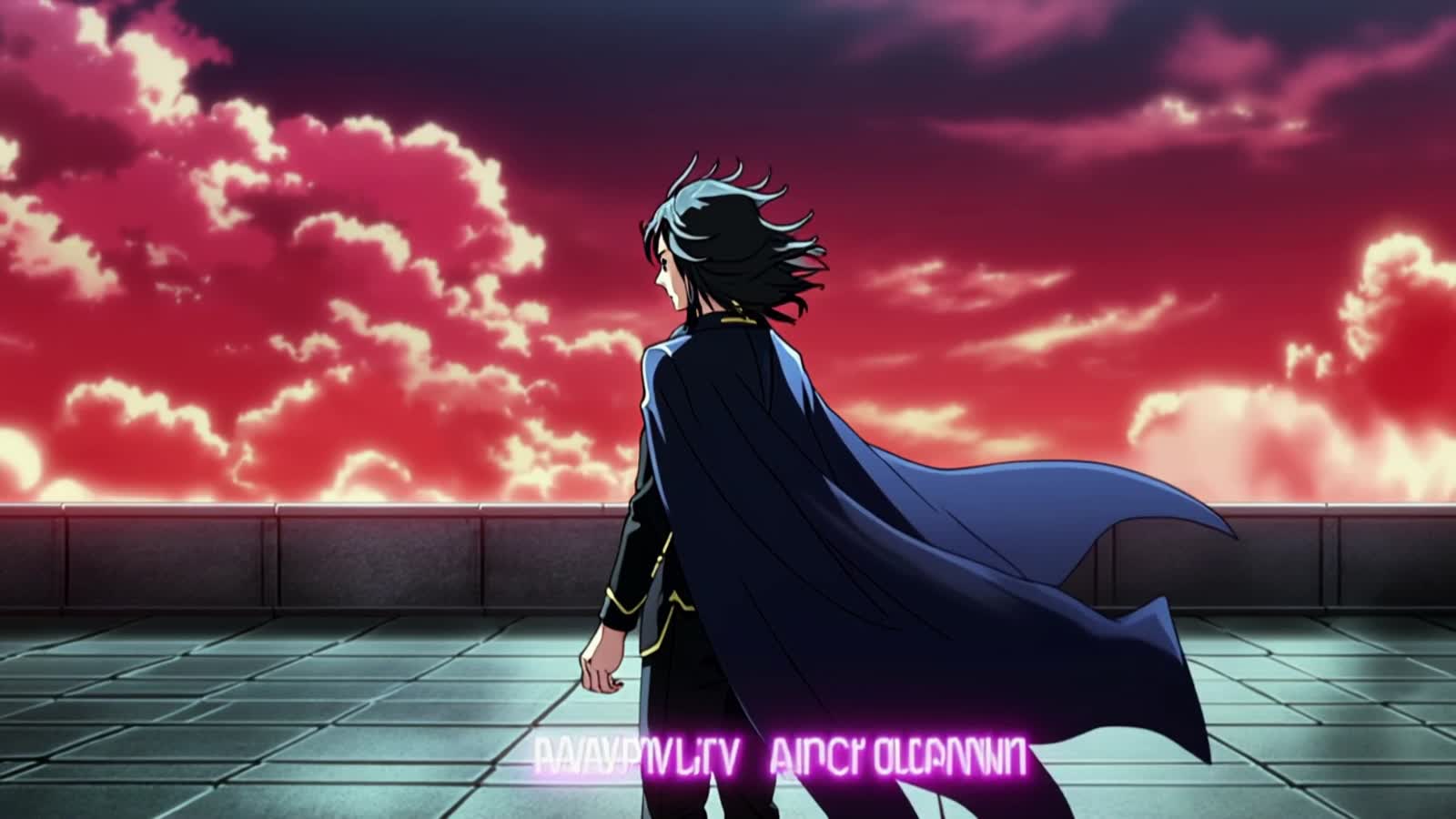 Anime-inspired stormy sky with glowing red clouds, hooded male character with dreads standing on a rooftop, cape flowing...