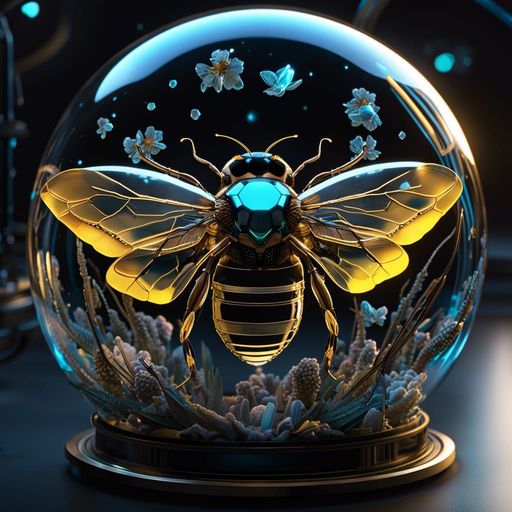 Bioluminescent bee inside a glass sphere  by @Hive Mind