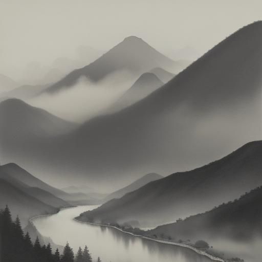 Serene Mountain Landscape in Chinese Ink Style