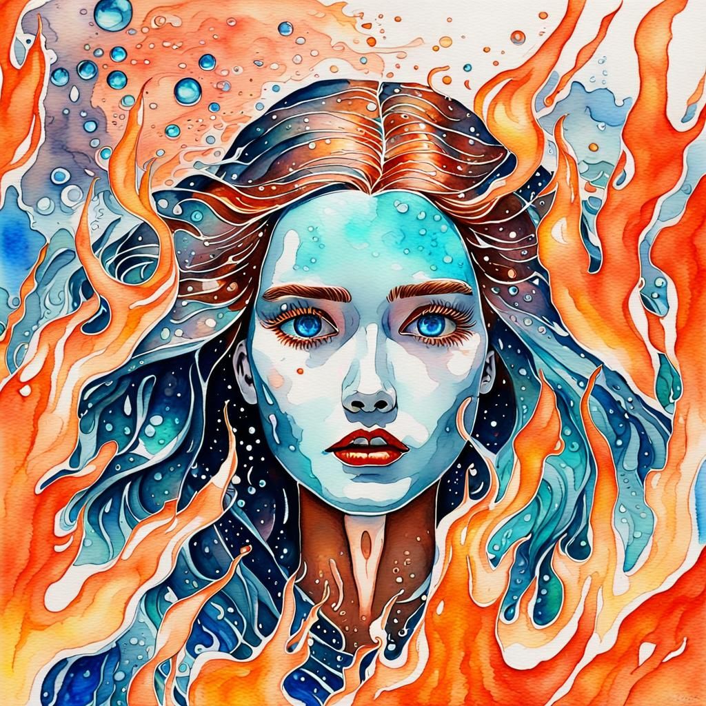 burning frozen glass porcelain metal wood liquid woman , she...