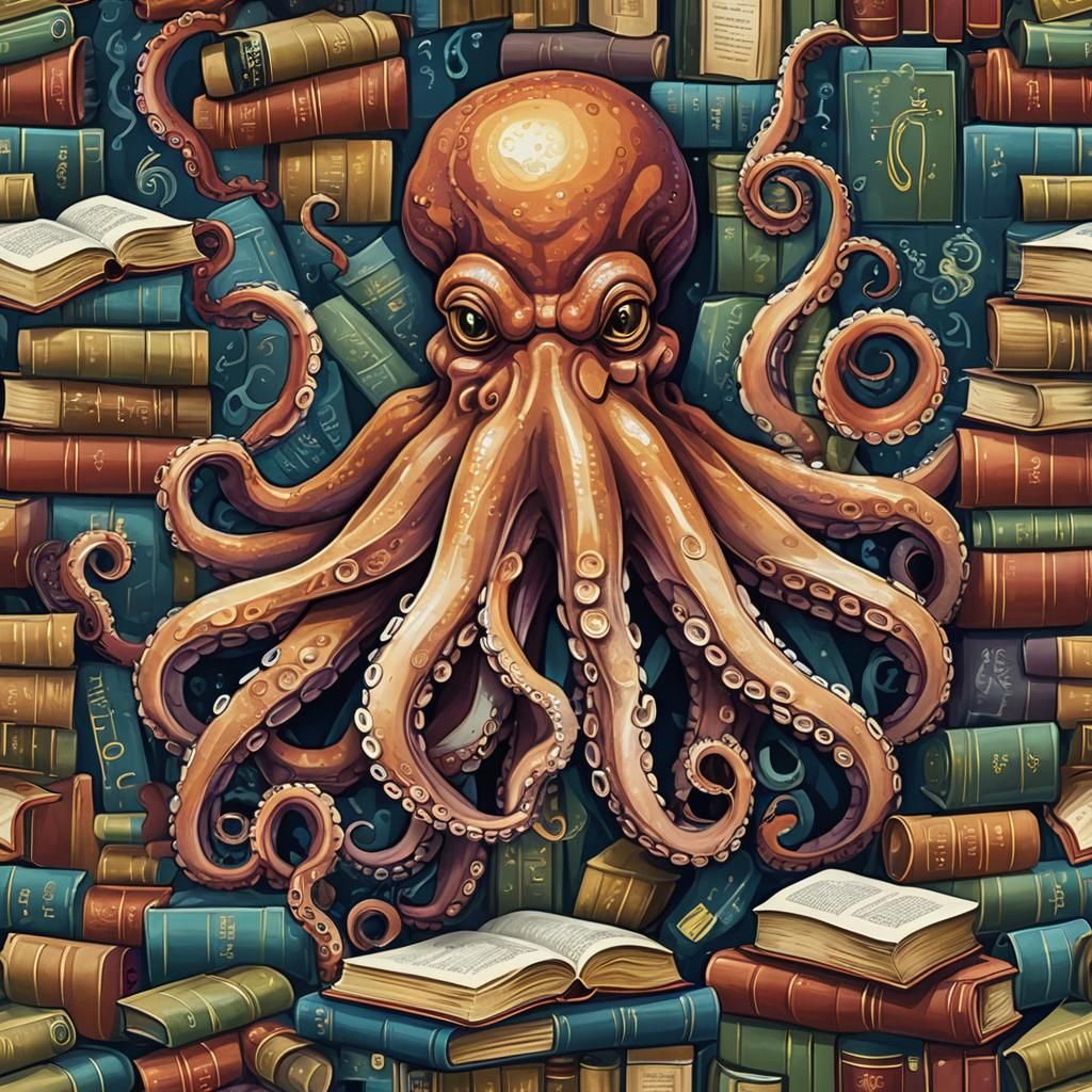 an octopus reading many books