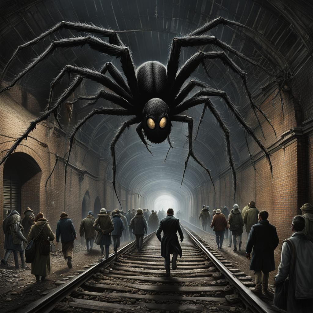 People flee in panic as a giant black spider emerges from the old dark ...