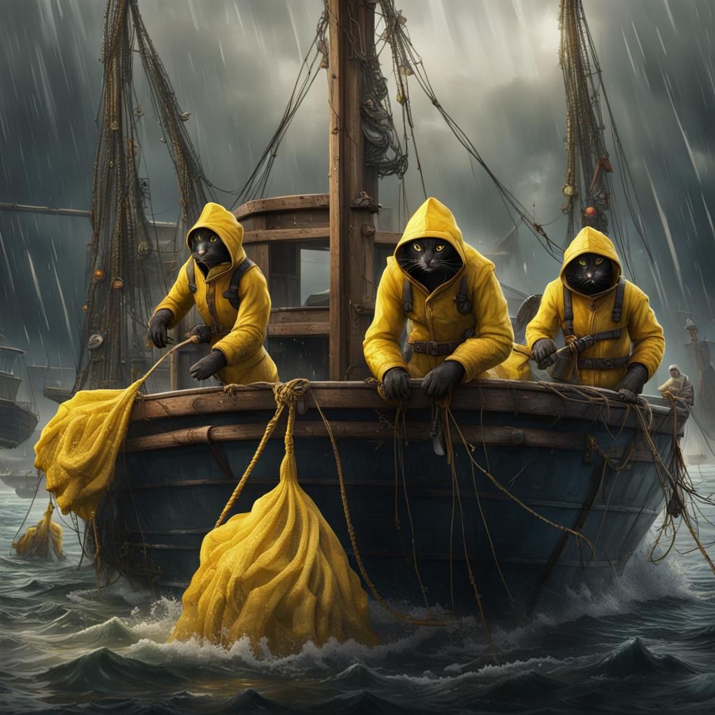 Black cats dressed in yellow rain gear working on a fishing boat