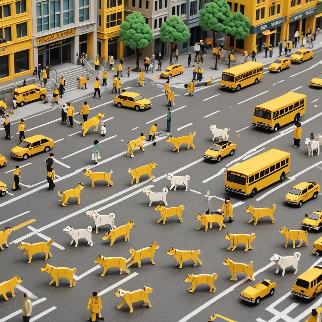 A kirigami version of two Akita dogs standing in the middle ...