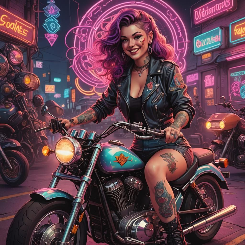 Wizardess on Motorcycle in Synthwave Neon Style