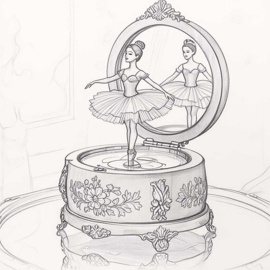 Vintage 1950s music box with spinning around ballerina on a mirror glass