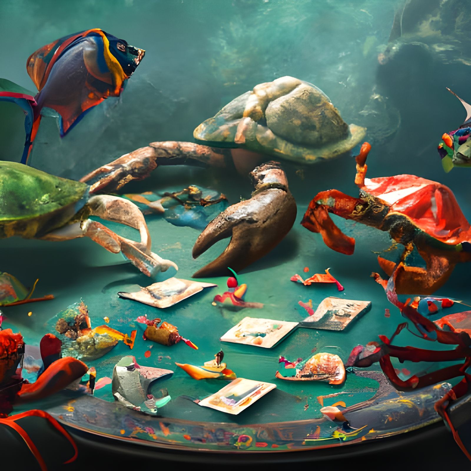 Sea creatures playing cards on their day off