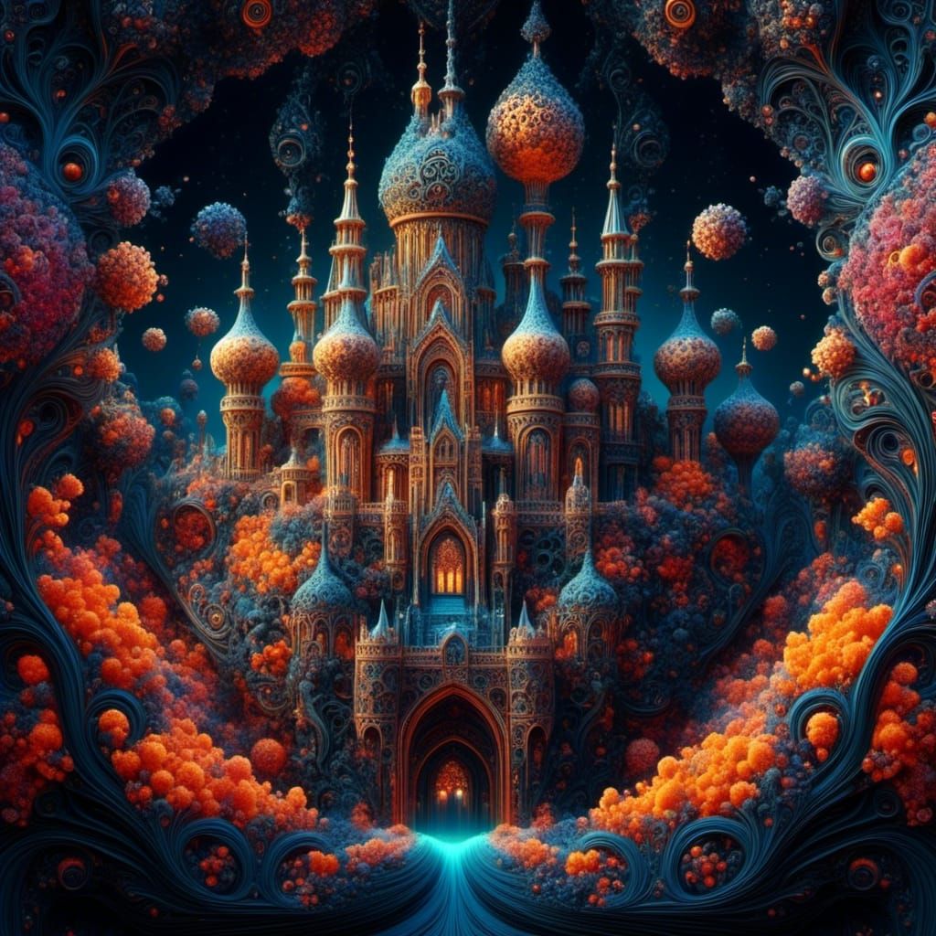 <lora:Fractalicious:1.0> A 3D hyperrealistic hyperdetailed fantasy book with a castle popping out of it _ made from intricated Fractal patte...